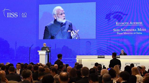 Prime Minister Narendra Modi delivers the keynote address at the opening of the 17th Asian Security Summit of the IISS Shangri-La Dialogue in Singapore on June 1.(AFP) Prime Minister Narendra Modi delivers the keynote address at the opening of the 17th Asian Security Summit of the IISS Shangri-La Dialogue in Singapore on June 1.(AFP)