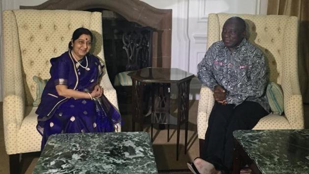 Sushma Swaraj met South African President Cyril Ramaphosa, who conveyed his commitment to take bilateral relations with India to the next level. (MEA/Twitter) Sushma Swaraj met South African President Cyril Ramaphosa, who conveyed his commitment to take bilateral relations with India to the next level. (MEA/Twitter)