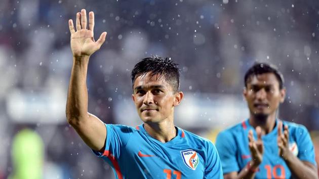 India player Sunil Chhetri (Blue jersey no. 11) had scored a hattrick in previous game against Chinese Taipei.(PTI)