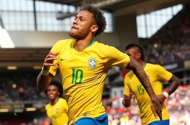 Brazil's Neymar celebrates after scoring their first goal against Croatia at Anfield.(REUTERS)