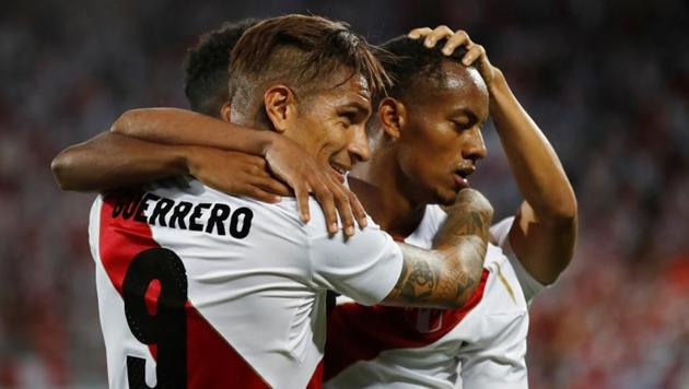 Peru’s Paolo Guerrero celebrates scoring their third goal with teammates against Saudi Arabia in a warm-up match on Sunday.(REUTERS)