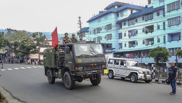 Army personnel patrol a street during curfew in Shillong on June 4.(PTI Photo)