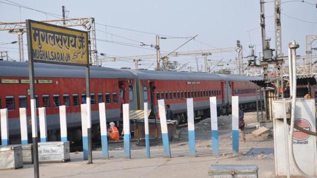 Sign at platform number 2 of Mughalsarai junction.(HT File Photo)