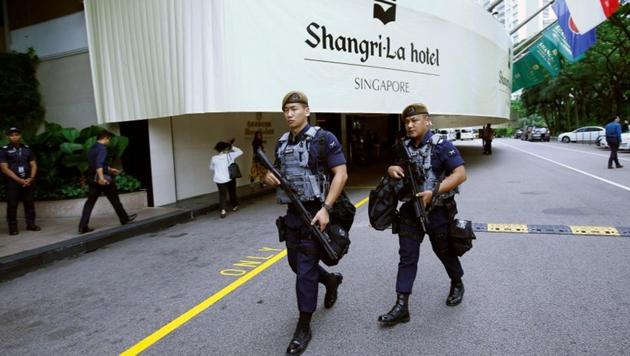 Gurkhas patrol at the IISS Shangri-la Dialogue in Singapore on June 1.(REUTERS)