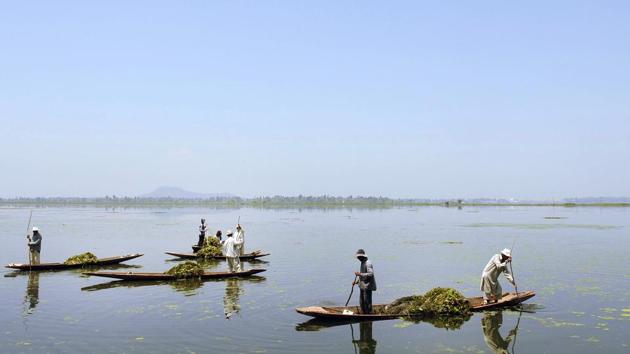 Kashmiri boatmen manually remove weeds from the Dal Lake on the occasion of World Environment day in Srinagar, Jammu and Kashmir. June 05 is observed as World Environment Day to raise awareness and action for the protection of the Earth’s environment. (Waseem Andrabi / HT Photo) Kashmiri boatmen manually remove weeds from the Dal Lake on the occasion of World Environment day in Srinagar, Jammu and Kashmir. June 05 is observed as World Environment Day to raise awareness and action for the protection of the Earth’s environment. (Waseem Andrabi / HT Photo)