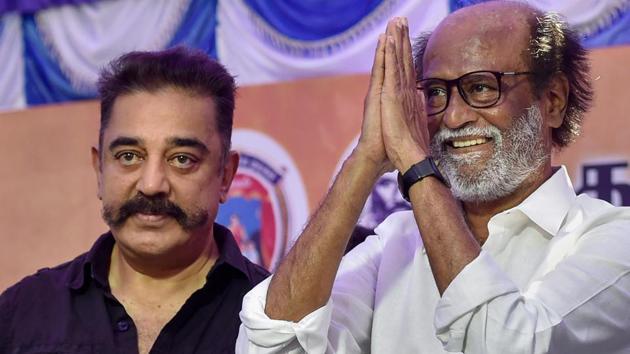 File photo of actors Rajinikanth (right) and Kamal Haasan at a protest in support of constitution of the Cauvery Management Board and closure of Sterlite copper plant, in Chennai. (PTI photo) File photo of actors Rajinikanth (right) and Kamal Haasan at a protest in support of constitution of the Cauvery Management Board and closure of Sterlite copper plant, in Chennai. (PTI photo)