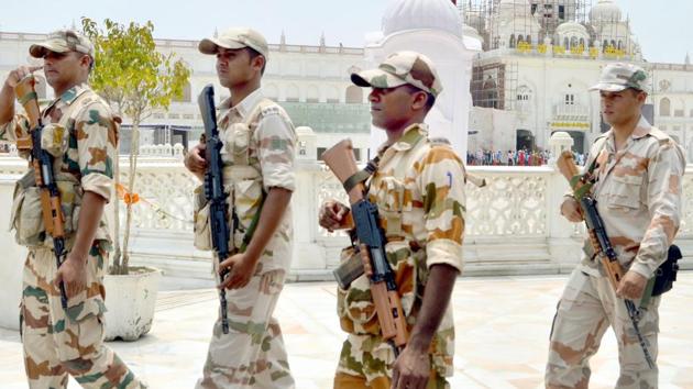 ITBP personnel deployed outside the Golden Temple as security was beefed up ahead of the Operation Bluestar anniversary. (Sameer Sehgal/HT) ITBP personnel deployed outside the Golden Temple as security was beefed up ahead of the Operation Bluestar anniversary. (Sameer Sehgal/HT)
