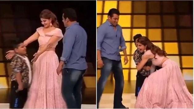Jacqueline Fernandez with Salman Khan and a young participant on Dance Deewane.(Instagram)