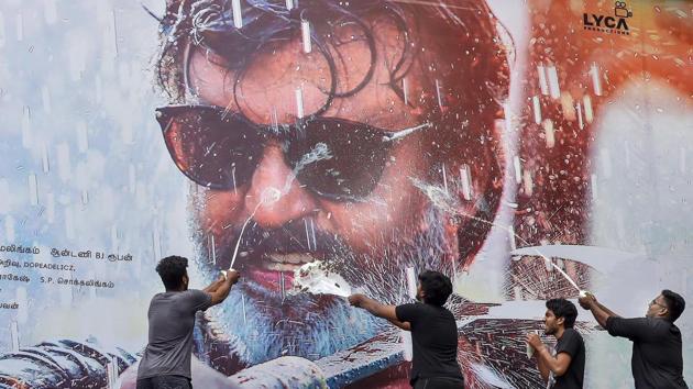 Rajnikanth fans celebrate the release of his film 'Kaala', in Chennai on Thursday(PTI Photo)