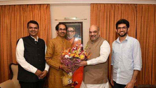 BJP president BJP Amit Shah and CM Devendra Fadnavis met Shiv Sena chief Uddhav Thackeray and son Aditya at their residence in Mumbai on Wednesday. (HT File) BJP president BJP Amit Shah and CM Devendra Fadnavis met Shiv Sena chief Uddhav Thackeray and son Aditya at their residence in Mumbai on Wednesday. (HT File)