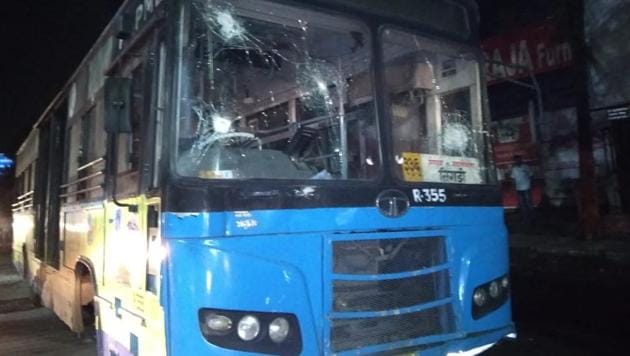 Angry residents pelted stones at the buses after the mishap.(HT Photo)