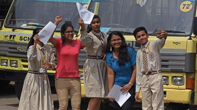 Students of Abhinav english medium school, Ambegaon Budruk celebrate after Maharashtra State Board of Secondary and Higher Secondary Education declared Secondary School Certificate (SSC) class 10th results in Pune on Friday.(Pratham Gokhale/HT Photo)