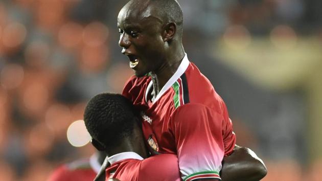 Kenya players celebrate after striking a goal against Chinese Taipei during the Intercontinental football Cup match. (PTI)