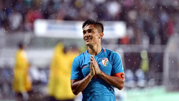 Captain Sunil Chhetri greets spectators after the Indian team's victory against Kenya during the Hero Intercontinental football Cup, in Mumbai, Maharashtra, on June 04, 2018. (Mitesh Bhuvad / PTI) Captain Sunil Chhetri greets spectators after the Indian team's victory against Kenya during the Hero Intercontinental football Cup, in Mumbai, Maharashtra, on June 04, 2018. (Mitesh Bhuvad / PTI)
