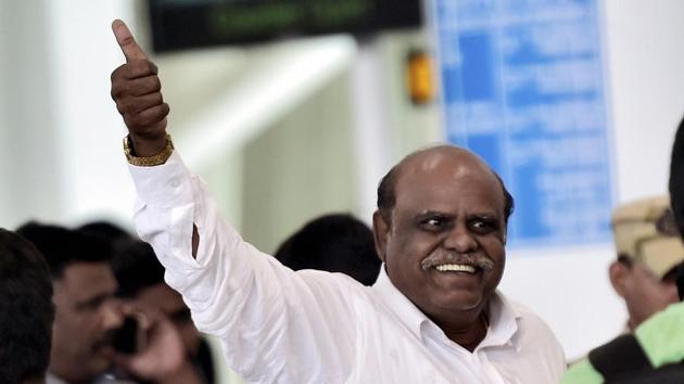 Former Calcutta High Court judge CS Karnan at the airport in Chennai while he was being taken to Kolkata by a team of West Bengal Police. (PTI File Photo) Former Calcutta High Court judge CS Karnan at the airport in Chennai while he was being taken to Kolkata by a team of West Bengal Police. (PTI File Photo)
