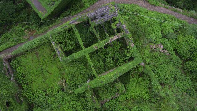 A drone image shows a building covered in ivy in the abandoned fishing village of Houtouwan.The village isn’t entirely abandoned. Five people still reside here with a relaxed pack of dogs that roam the empty homes. Most of the village’s 600 families ultimately left because it lacked proper roads and a school. (Sam McNeil / AP) A drone image shows a building covered in ivy in the abandoned fishing village of Houtouwan.The village isn’t entirely abandoned. Five people still reside here with a relaxed pack of dogs that roam the empty homes. Most of the village’s 600 families ultimately left because it lacked proper roads and a school. (Sam McNeil / AP)