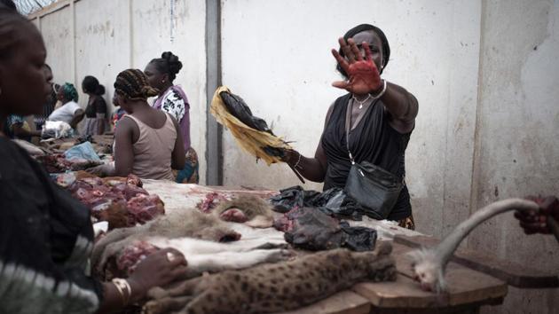 A bushmeat supplier gestures as she works at Bimbo's big market in Bangui, Central African Republic. (Florent Vergines / AFP)