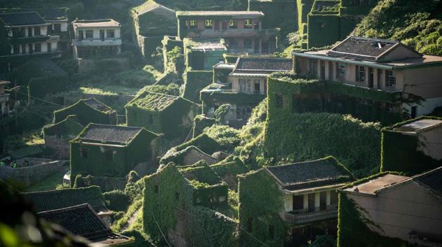 The island draws tourists from the mainland intrigued by the village’s unique devastation. Ivy cloaks some buildings completely, but on many Houtouwan houses, beautiful roof tiles still gleam and broken verandas offer majestic views of the stormy sea. (Johannes Eisele / AFP) The island draws tourists from the mainland intrigued by the village’s unique devastation. Ivy cloaks some buildings completely, but on many Houtouwan houses, beautiful roof tiles still gleam and broken verandas offer majestic views of the stormy sea. (Johannes Eisele / AFP)