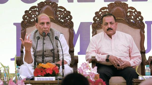 Union home minister Rajnath Singh addresses a press conference minister of state Jitendra Singh looks on, in Jammu on Friday.(PTI Photo)