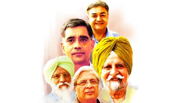 (Clockwise from top) additional chief secretary (development) Viswajeet Khanna, farm economist Sardara Singh Johl, Institute for Development and Communication director Pramod Kumar, Bharatiya Kisan Union (Rajewal) president Balbir Singh Rajewal and farmers’ commission chairman Ajay Vir Jakhar. (HT) (Clockwise from top) additional chief secretary (development) Viswajeet Khanna, farm economist Sardara Singh Johl, Institute for Development and Communication director Pramod Kumar, Bharatiya Kisan Union (Rajewal) president Balbir Singh Rajewal and farmers’ commission chairman Ajay Vir Jakhar. (HT)