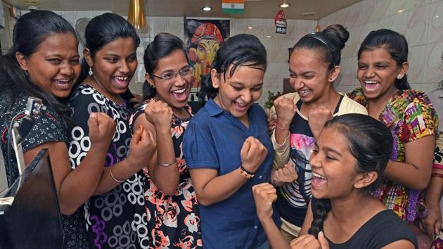 Students of a private coaching class in Pune celebrate their success after the SSC results were declared on Friday. Girl students outscored boys by a 91.97% to 87.27%. (Pratham Gokhale/HT Photo) Students of a private coaching class in Pune celebrate their success after the SSC results were declared on Friday. Girl students outscored boys by a 91.97% to 87.27%. (Pratham Gokhale/HT Photo)
