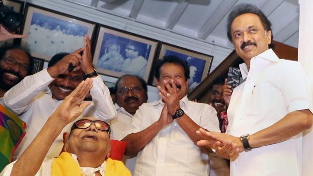 DMK Supremo M Karunanidhi meets his party workers on his 95th birthday outside his residence, in Chennai. (PTI File Photo) DMK Supremo M Karunanidhi meets his party workers on his 95th birthday outside his residence, in Chennai. (PTI File Photo)