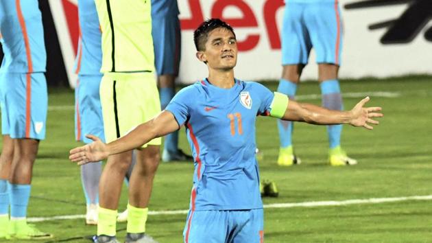 India's football player Sunil Chhetri (no 11) celebrates their win over Kenya at the Hero Intercontinental Cup final match.(PTI)