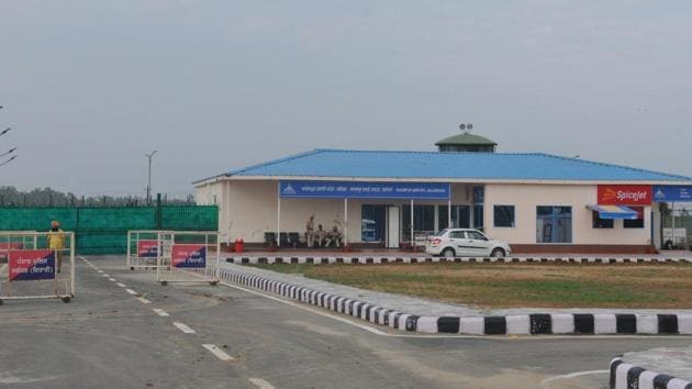 The first domestic flight from the airport, functioning from a temporary building in the premises of the Adampur Airforce base station, took off on Labour Day on May 1.(Pardeep Pandit/HT)