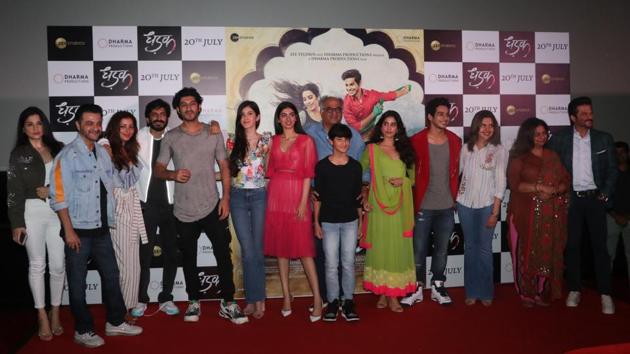 Janhvi Kapoor’s family came out in full support of the debutante. Seen here are Sanjay Kapoor (second from left), Harshvardhan Kapoor (fourth from left), Khushi  Kapoor( seventh from left) and Anil Kapoor (right). (Viral Bhayani) 