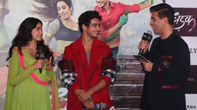 Karan Johar interacts with Janhvi Kapoor and Ishaan Khatter at the event. (Viral Bhayani) 