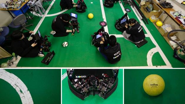 Trust Japan to throw robots in the mix! A combination image shows students checking soccer robots (top), and details of a pitch, a ball-handling device, and a ball at the Robot Vision Laboratory of the Tokyo Polytechnic University in Atsugi, Japan. (Toru Hanai / REUTERS)