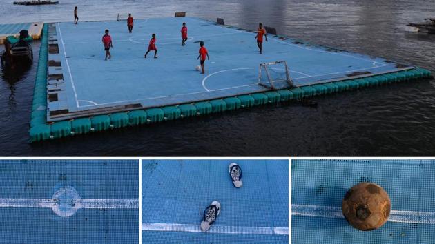 That there’s no land to play on, makes little difference to these kids. A combination picture shows children playing football on a floating pitch (top), detail of their pitch, flip-flops and a football in the fishing village of Ko Panyi in Thailand. (Soe Zeya Tun / REUTERS)