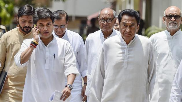 Congress Madhya Pradesh President Kamal Nath with senior Congress leaders Jyotiraditya Scindia and Digvijay Singh come out after a meeting with the Election Commission of India at Nirvachan Sadan, in New Delhi. (PTI File Photo) Congress Madhya Pradesh President Kamal Nath with senior Congress leaders Jyotiraditya Scindia and Digvijay Singh come out after a meeting with the Election Commission of India at Nirvachan Sadan, in New Delhi. (PTI File Photo)