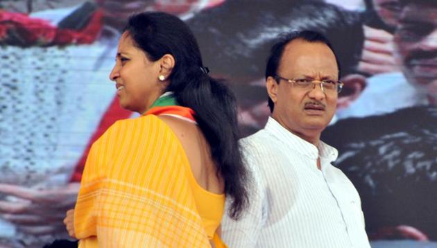 Supriya Sule(left) and Ajit Pawar at the rally to mark NCP’s 19th anniversary in Pune on Sunday.(HT PHOTO)