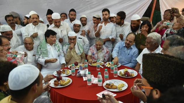 DPCC President Ajay Maken and Delhi's former chief minister Sheila Dikshit along with other leaders and Muslim people at a Roza Iftar party organised at Delhi Pradesh Congress Committee office, in New Delhi on Sunday, June 10, 2018. (PTI File Photo) DPCC President Ajay Maken and Delhi's former chief minister Sheila Dikshit along with other leaders and Muslim people at a Roza Iftar party organised at Delhi Pradesh Congress Committee office, in New Delhi on Sunday, June 10, 2018. (PTI File Photo)