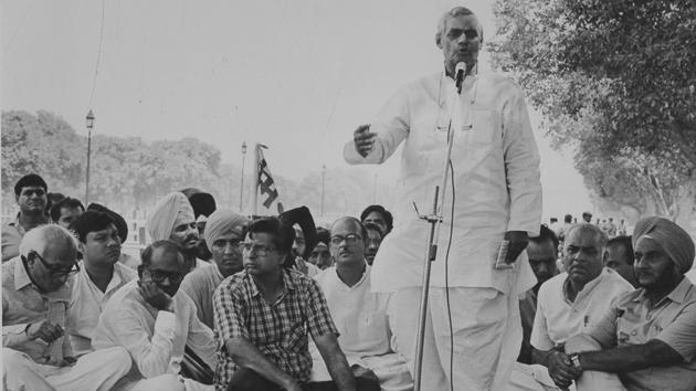 BJP Leader Atal Bihari Vajpayee addresses a rally in protest against the 59th Constitution of Amendment at Boat Club in New Delhi on 1988. The former Prime Minister was admitted to All India Institute of Medical Sciences (AIIMS) in New Delhi on Monday for a routine check-up, the BJP said in a statement. Vajpayee, 93, will be under the supervision of Dr Randeep Guleria, director of AIIMS. (PTI File)