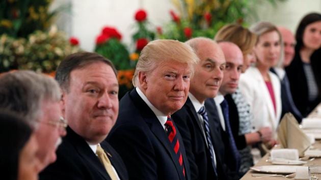 U.S. President Donald Trump flanked by Secretary of State Mike Pompeo and White House Chief of Staff John Kelly attend a lunch with Singapore's Prime Minister Lee Hsien Loong and officials at the Istana in Singapore June 11, 2018.(REUTERS) U.S. President Donald Trump flanked by Secretary of State Mike Pompeo and White House Chief of Staff John Kelly attend a lunch with Singapore's Prime Minister Lee Hsien Loong and officials at the Istana in Singapore June 11, 2018.(REUTERS)