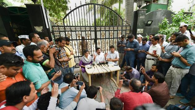 AAP leaders Sanjay Singh and Saurabh Bhardwaj address a press conference, outside Delhi CM's residence in New Delhi on Tuesday, June 12, 2018. (PTI Photo) AAP leaders Sanjay Singh and Saurabh Bhardwaj address a press conference, outside Delhi CM's residence in New Delhi on Tuesday, June 12, 2018. (PTI Photo)