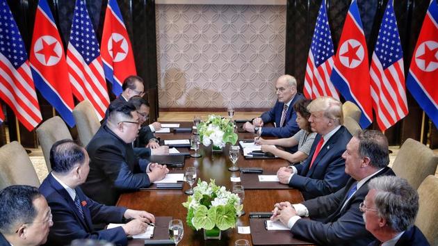 US President Donald Trump meets with North Korean leader Kim Jong Un at the Capella Hotel on Sentosa island in Singapore June 12, 2018.(REUTERS Photo) US President Donald Trump meets with North Korean leader Kim Jong Un at the Capella Hotel on Sentosa island in Singapore June 12, 2018.(REUTERS Photo)