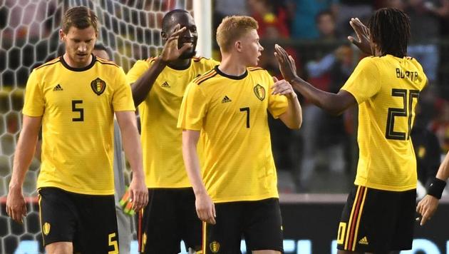 Belgium's forward Romelu Lukaku (2L) celebrates with teammates after scoring a goal during the international friendly football match between Belgium and Costa Rica at the King Baudouin Stadium in Brussels on June 11, 2018.(AFP)