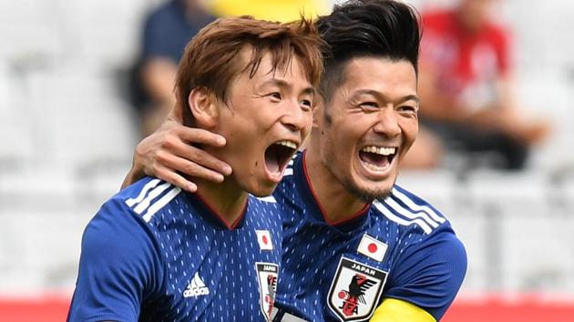 Takashi Inui (L) celebrates after the first goal against Paraguay during their FIFA World Cup 2018 warm-up encounter on Tuesday. (AFP) Takashi Inui (L) celebrates after the first goal against Paraguay during their FIFA World Cup 2018 warm-up encounter on Tuesday. (AFP)