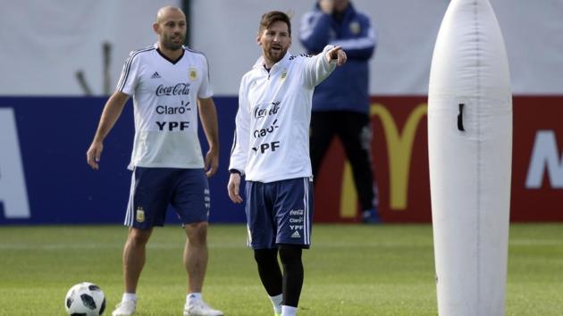 Argentina's Lionel Messi (C) gestures next to midfielder Javier Mascherano during a training session at the team's FIFA World Cup 2018 base camp in Bronnitsy. (AFP) Argentina's Lionel Messi (C) gestures next to midfielder Javier Mascherano during a training session at the team's FIFA World Cup 2018 base camp in Bronnitsy. (AFP)