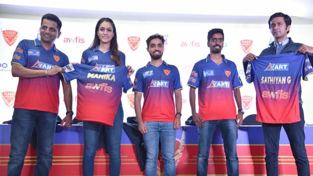 (From left) Sachin Shetty , Manika Batra, Sanjish Ambekar, Sathiyan Gnanaskearan and Saumya Khaitan at the team reveal of Dabang Smashers table tennis club for the Ultimate Table Tennis league at Balewadi on Monday. (HT PHOTO) (From left) Sachin Shetty , Manika Batra, Sanjish Ambekar, Sathiyan Gnanaskearan and Saumya Khaitan at the team reveal of Dabang Smashers table tennis club for the Ultimate Table Tennis league at Balewadi on Monday. (HT PHOTO)