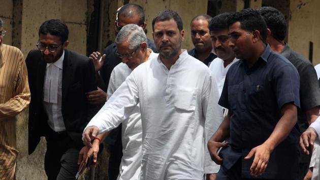 Congress president Rahul Gandhi arrives outside a court at Bhiwandi in Thane on Tuesday. (Praful Gangurde/HT photo) Congress president Rahul Gandhi arrives outside a court at Bhiwandi in Thane on Tuesday. (Praful Gangurde/HT photo)
