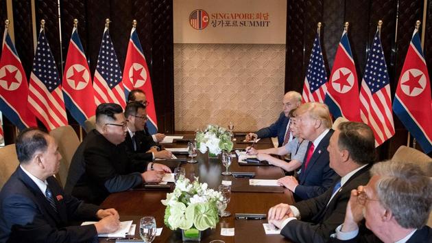US President Trump and Kim Jong Un sit down with their respective delegations for the US-North Korea summit. Should they succeed in making a diplomatic breakthrough, it could bring lasting change to the security landscape of Northeast Asia, like the visit of former US President Richard Nixon to China in 1972 and the transformation of China. (Saul Loeb / AFP)