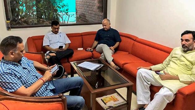 Delhi Chief Minister Arvind Kejriwal, Deputy CM Manish Sisodia, Aam Aadmi Party (AAP) leaders Satyendra Kumar Jain and Gopal Rai during a sit-in protest at Lieutenant Governor Anil Baijal’s residence, in New Delhi on Monday, June 11, 2018. (PTI) Delhi Chief Minister Arvind Kejriwal, Deputy CM Manish Sisodia, Aam Aadmi Party (AAP) leaders Satyendra Kumar Jain and Gopal Rai during a sit-in protest at Lieutenant Governor Anil Baijal’s residence, in New Delhi on Monday, June 11, 2018. (PTI)