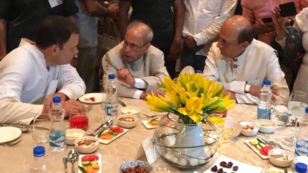 Rahul Gandhi in conversation with former President Pranab Mukherjee at an Iftar party hosted by the Congress president in New Delhi on Wednesday.(@INCIndia/ Twitter)