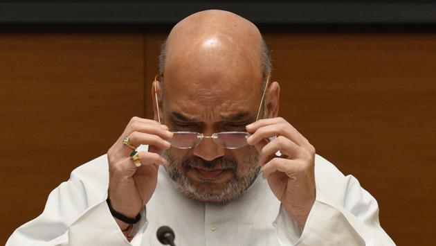 BJP National President Amit Shah during the release of Pt. Deendayal Upadhyay Prashikshan Mahabhiyan books at the party’s headquarters in New Delhi. (Mohd Zakir / HT Photo)