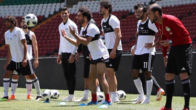 Egypt's forward Mohamed Salah (C) takes part in a training at the Akhmat Arena stadium in Grozny on Wednesday ahead of the FIFA World Cup 2018.(AFP)