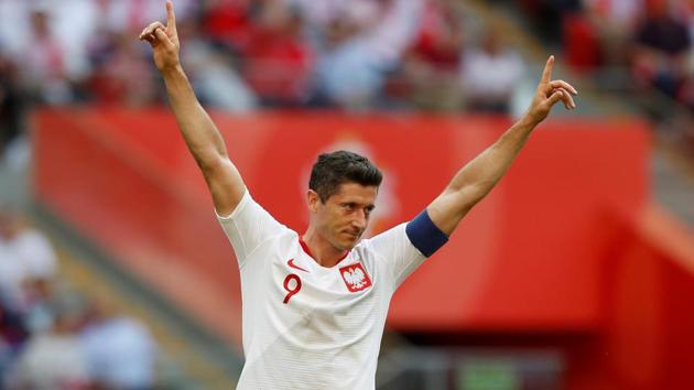 Poland's Robert Lewandowski celebrates scoring their second goal vs Lithuania during their friendly match at PGE Narodowy, Warsaw, Poland on June 12, 2018. (REUTERS) Poland's Robert Lewandowski celebrates scoring their second goal vs Lithuania during their friendly match at PGE Narodowy, Warsaw, Poland on June 12, 2018. (REUTERS)